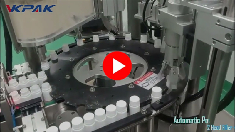 Monoblok pulverflaske påfyldnings- og lågmaskine